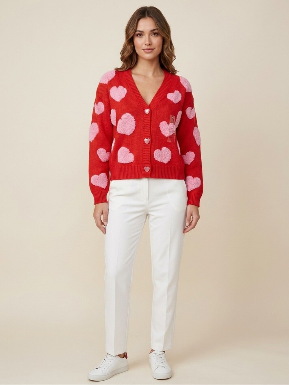 New Women's Heart Print V-neck Red And Pink Oversize Knit Glam Cardigan XXS - Picture 3 of 17